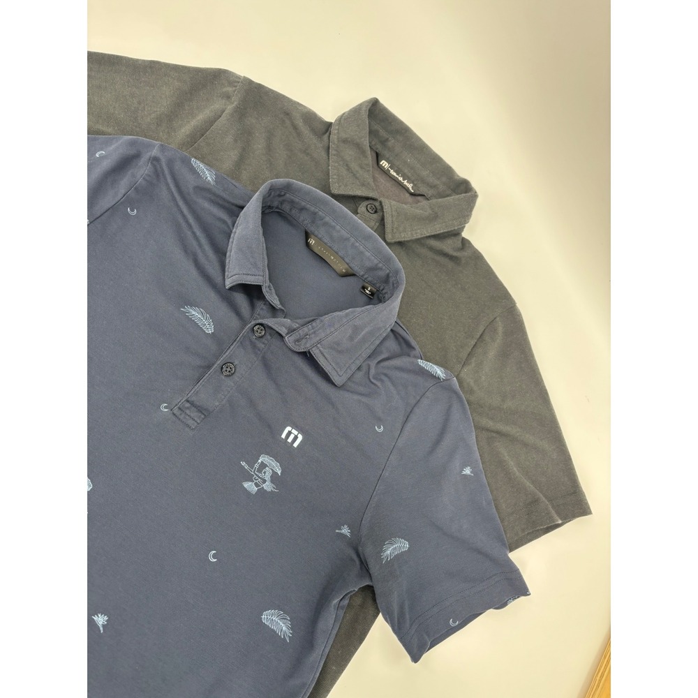 TravisMathew Mens Polo Shirt Bundle 2pk Navy Hula Print Charcoal Gray Size S